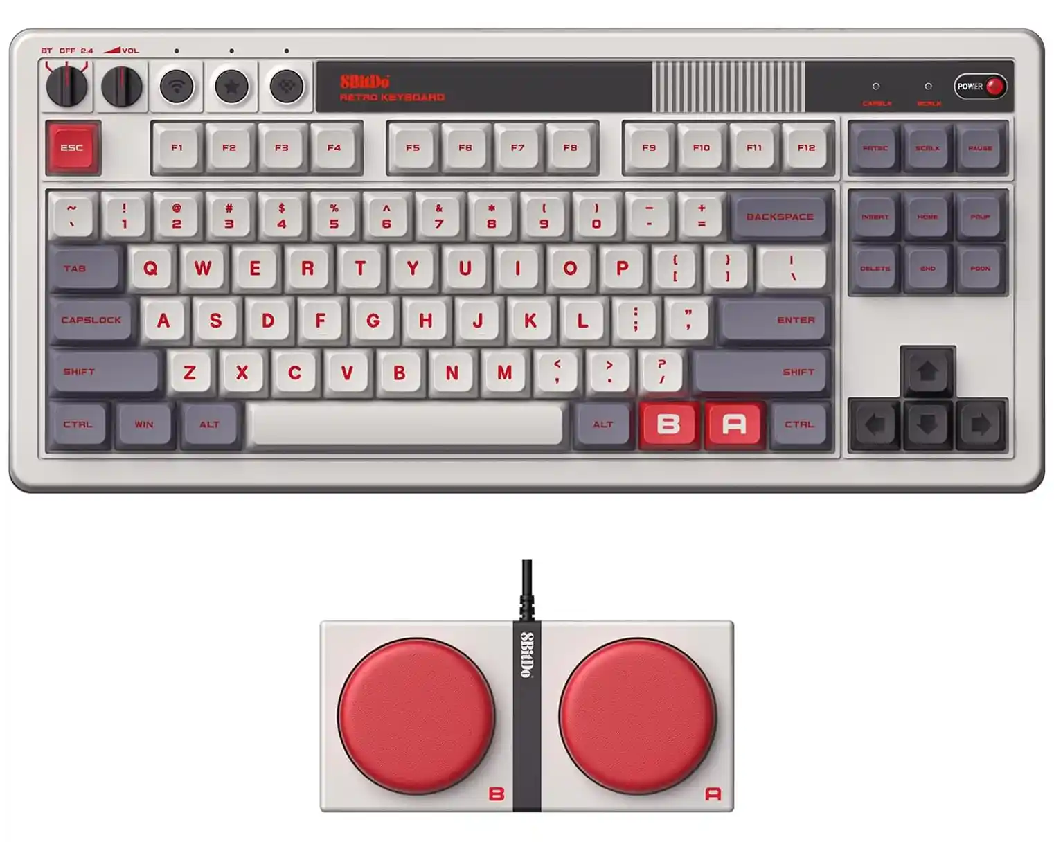 TECLADO MECANICO INALAMBRICO 8BITDO RETRO DE 87 TECLAS BLUETOOTH/2.4G/USB-C, DOS BOTONES PROGRAMABLES, PERILLA DE VOLUMEN, EDICIÓN N