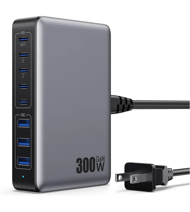 CARGADOR USB C DE 300 W, GAN IV DE 8 PUERTOS DE ESTACIÓN DE CARGA RÁPIDA PD 100 W