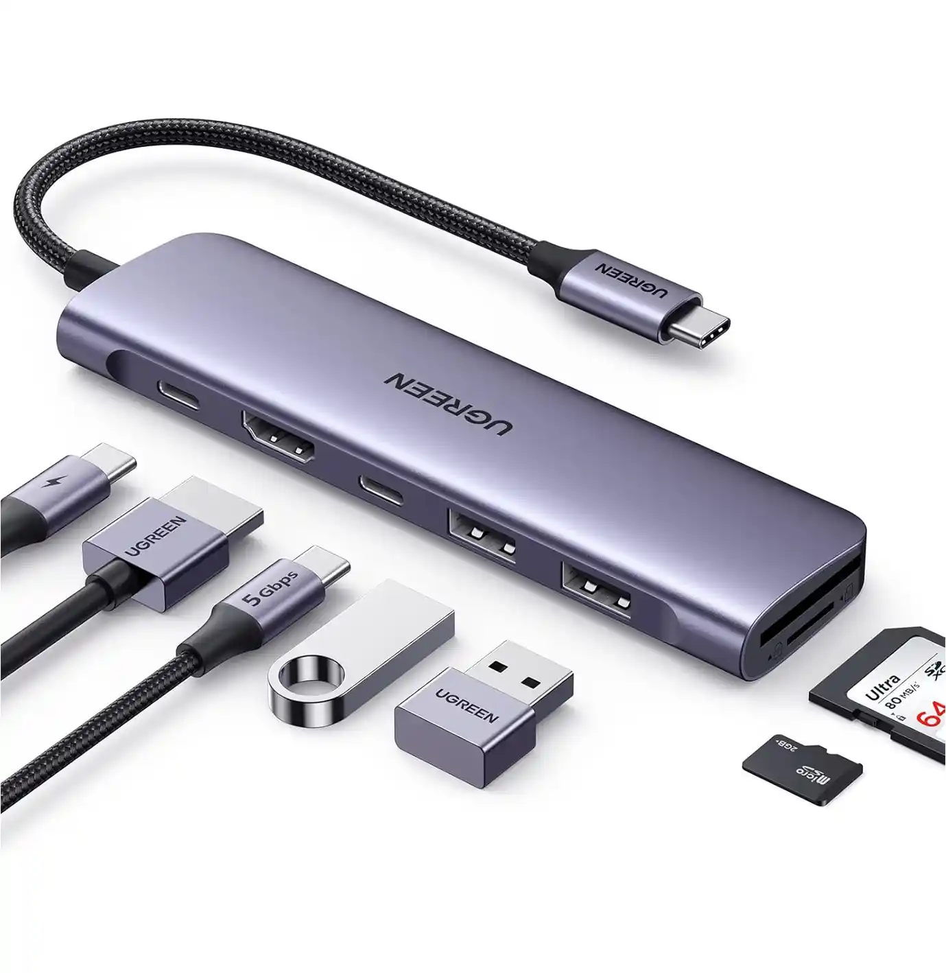 ADAPTADOR UGREEN 7 EN 1 USB C A X2 USB, HDMI, USB C, SD, MICRO SD, 100W