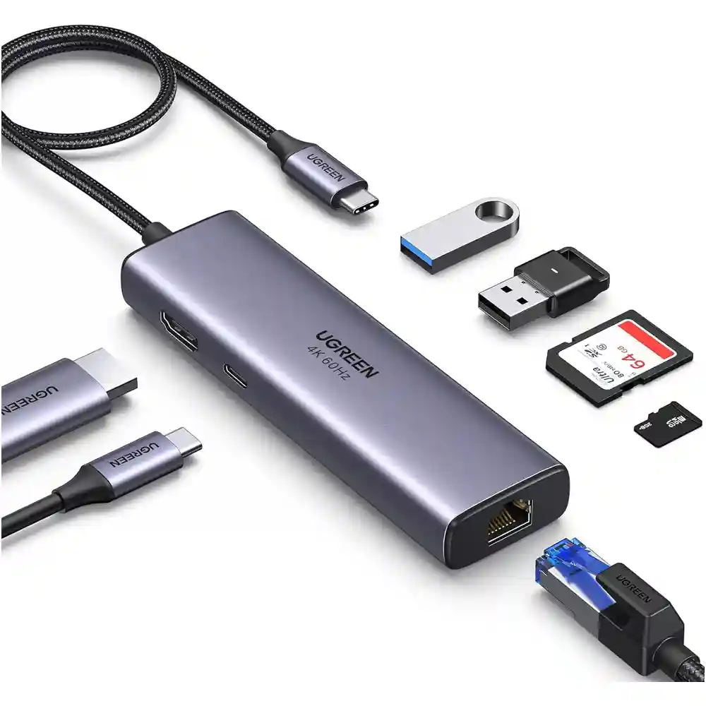 HUB USB C 7 EN 1 CON ADAPTADOR LAN, HDMI 4K 60HZ, CARGA PD DE 100W, USB A, LECTOR DE TARJETAS SD/TF UGREEN REVODOK