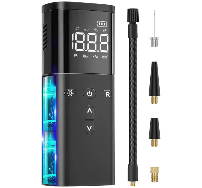 COMPRESOR DE AIRE PORTÁTIL PARA NEUMÁTICOS 120 PSI - AUTOMÓVIL, MOTOCICLETA, BICICLETA, BALON, CON MEDIDOR DE PRESIÓN, LUZ LED