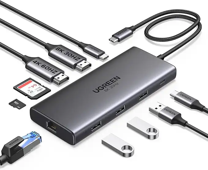 ADAPTADOR UGREEN USB C 10 EN 1 CON ADAPTADOR LAN, HDMI X2 4K 60HZ Y 8K 30HZ, CARGA PD DE 100W, USB A X3, LECTOR DE TARJETAS SD/TF