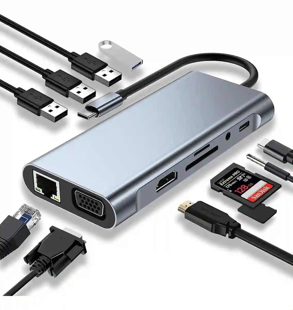 ADAPTADOR HUB 11 EN 1 TIPO C A LAN, TIPO C, SD/TF CARD, USB 3.0 X4, AUDIO JACK 3.5MM, HDMI Y VGA EZI	