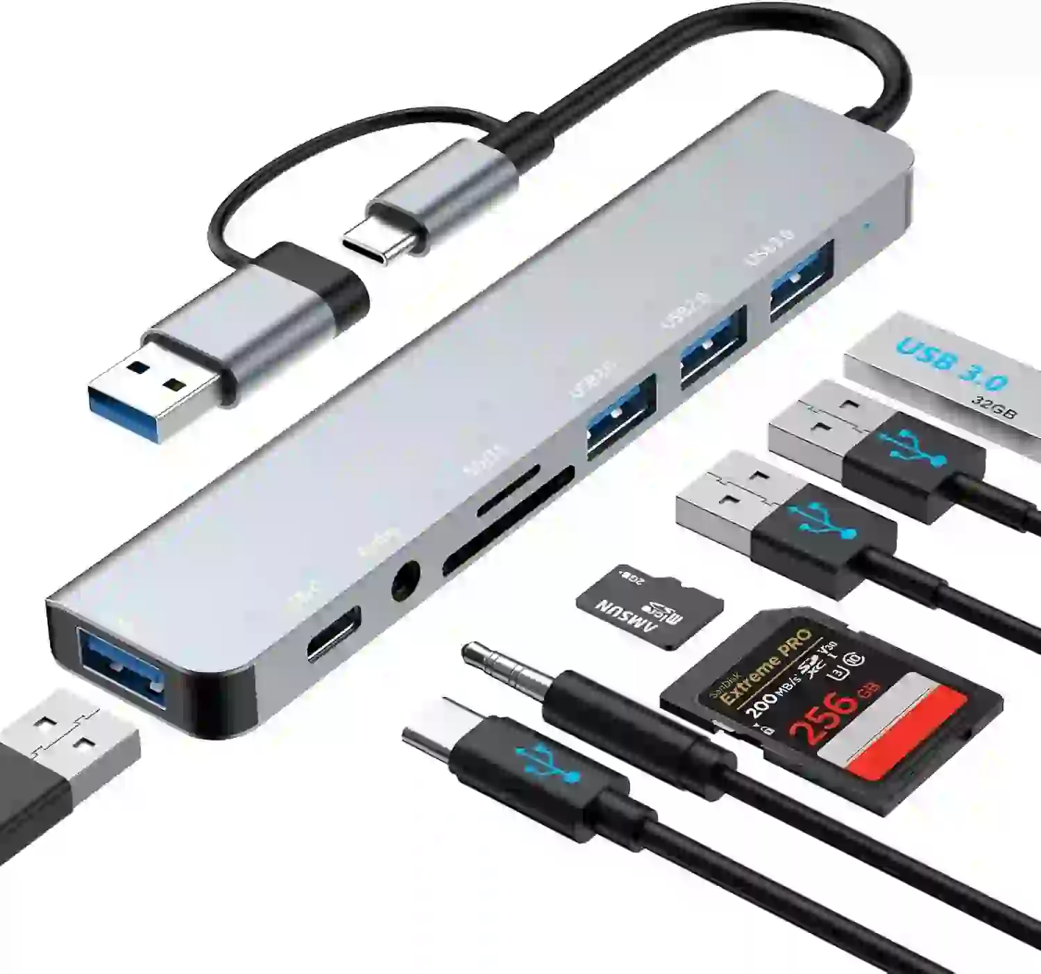 ADAPTADOR HUB 8 EN 1 TIPO C Y USB A TIPO C, SD/TF CARD, USB X4 Y AUDIO JACK 3.5MM EZI	