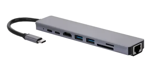 ADAPTADOR HUB 8 EN 1 TIPO C Y USB A TIPO C X2, SD/TF CARD, USB X2, LAN