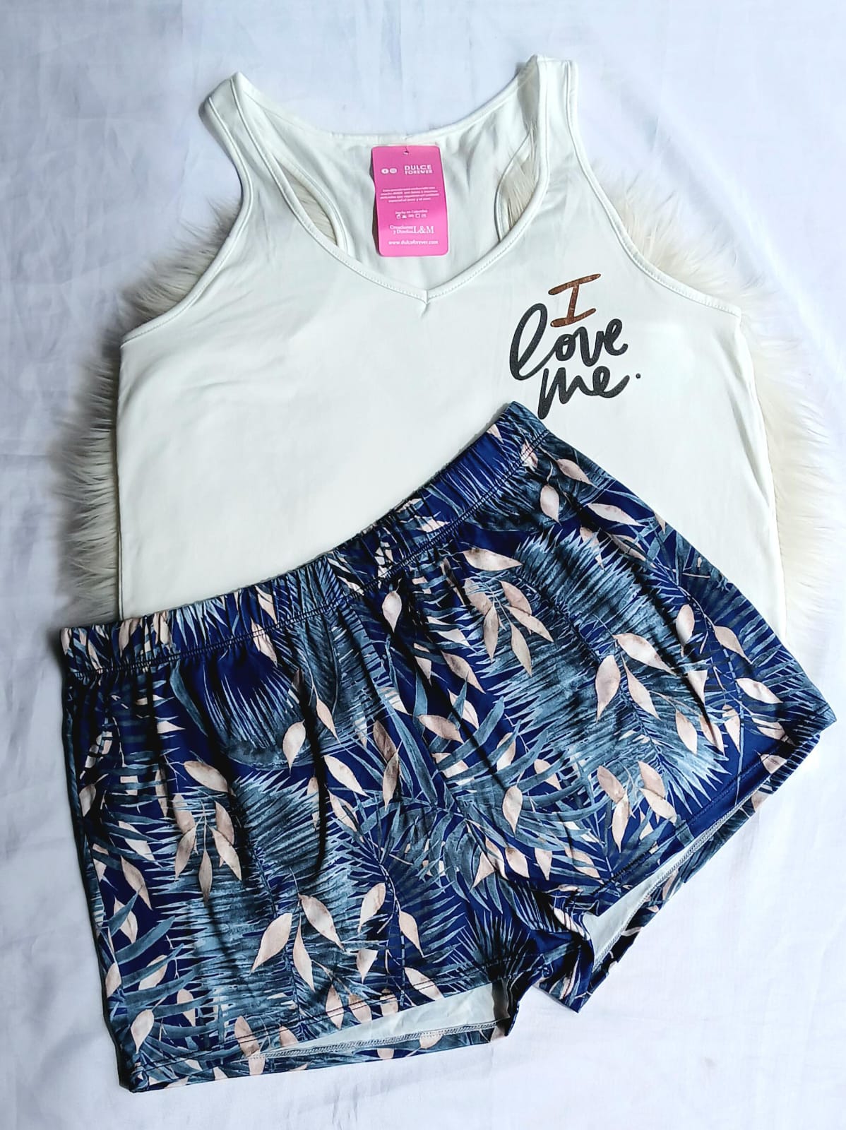 Pijama short  hojas blusa manga siza letras azul