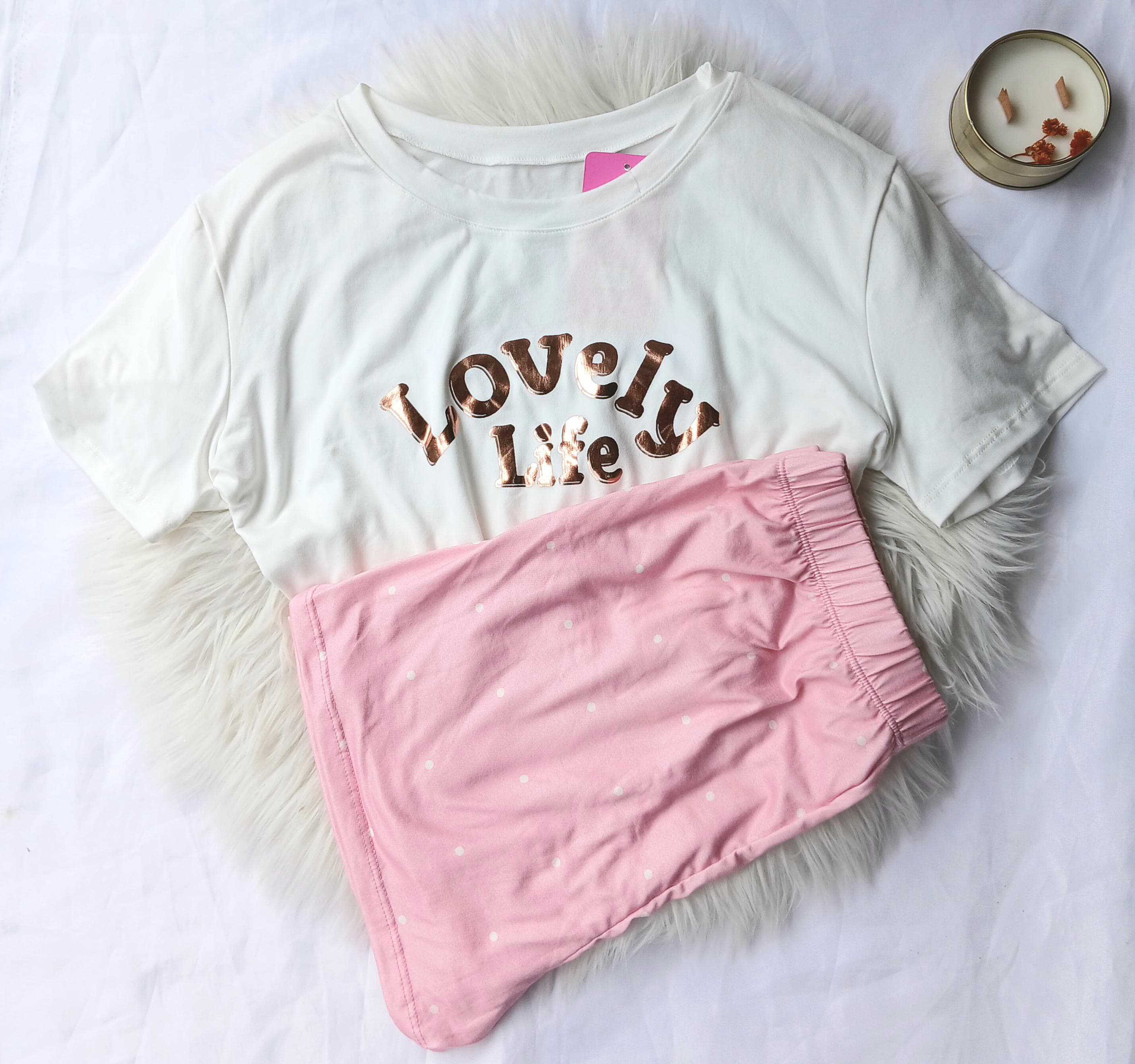 Pijama short puntos blusa manga letras rosa