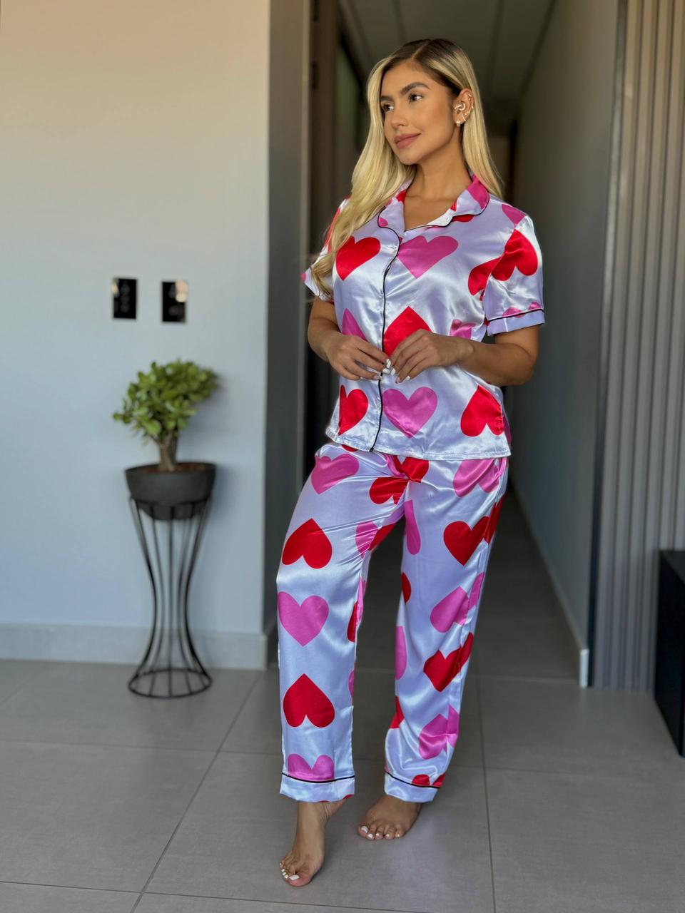 PIJAMA SATIN PANTALON BL MANGA CORAZONES 11438