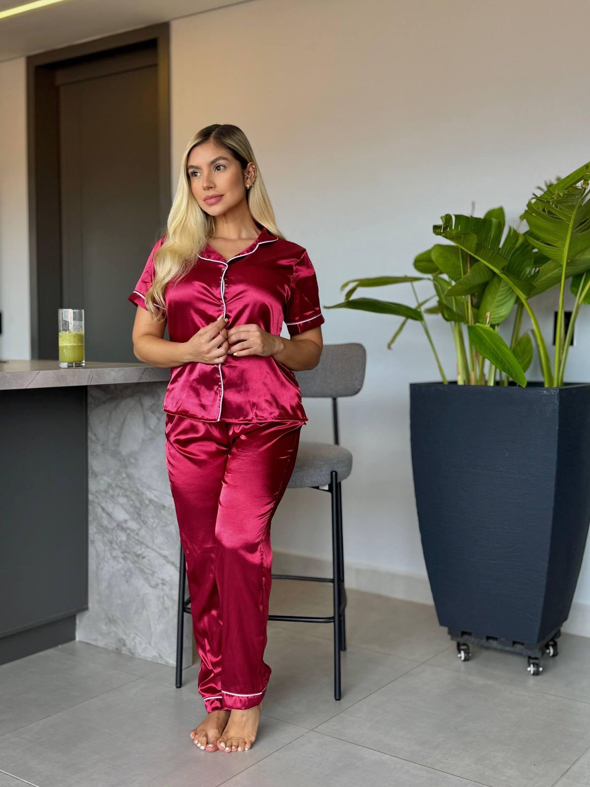 PIJAMA SATIN PANTALON BL MANGA UNICOLOR 13208