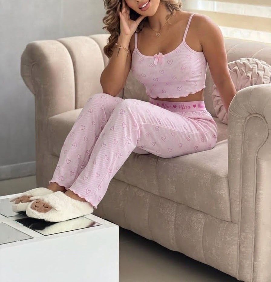 PIJAMA PANTALON TOP CORAZONES PEQUEÑOS RIB MIIA 815