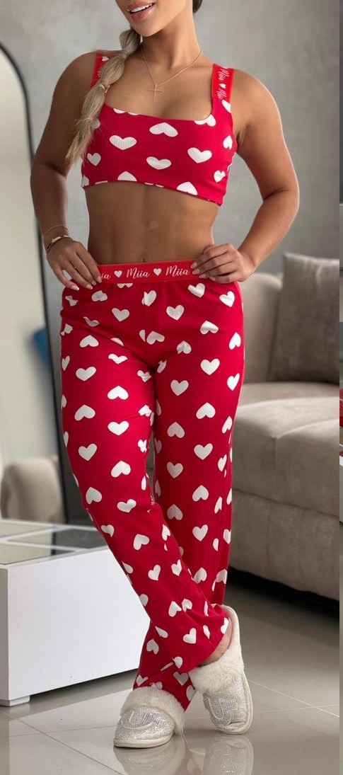 PIJAMA PANTALON TOP CORAZONES BLANCOS RIB MIIA 498