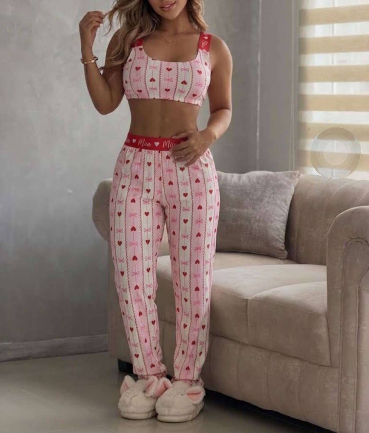 PIJAMA PANTALON TOP CORAZONES MOÑOS RIB MIIA 817