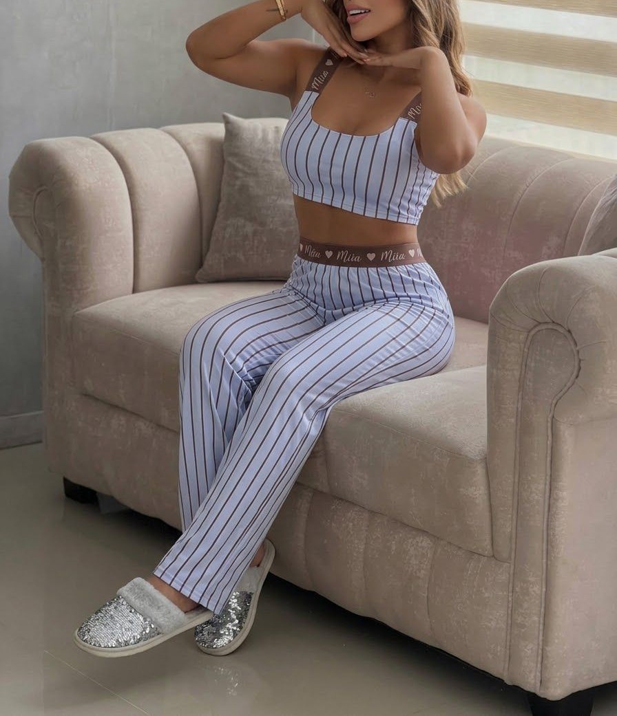 PIJAMA PANTALON TOP RAYAS AZUL PIEL DURAZNO MIIA 820