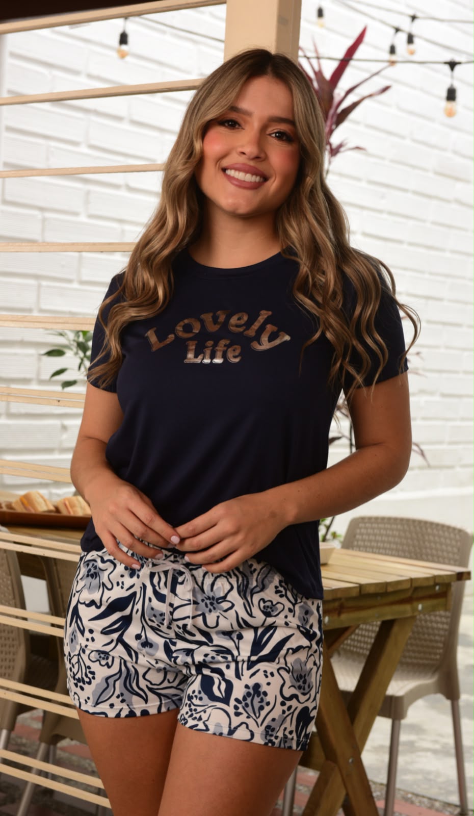 PIJAMA SHORT MANGA AZUL FLORES DF2180
