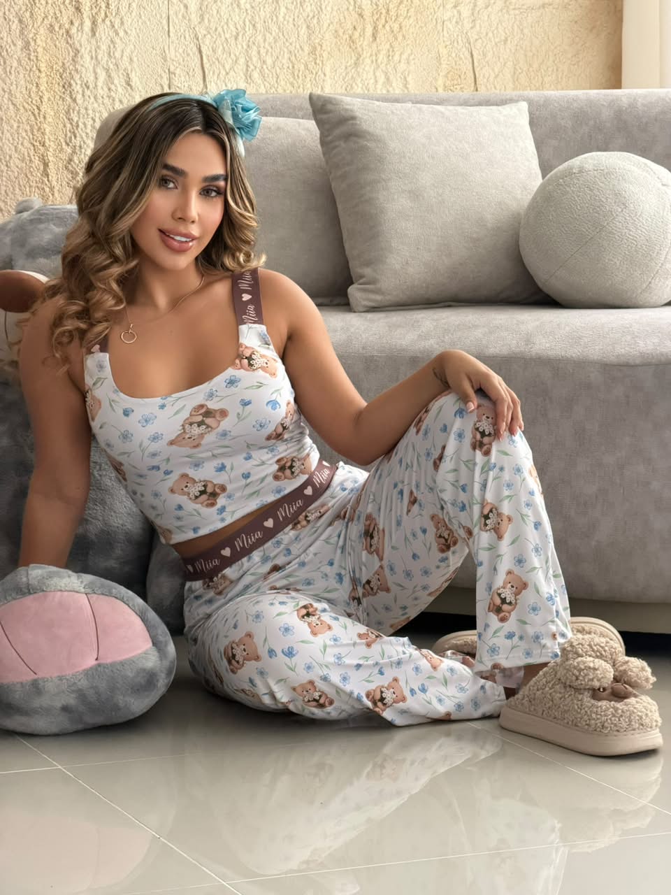 PIJAMA PANTALON TOP LARGO OSOS FLORES CAFÉ 905