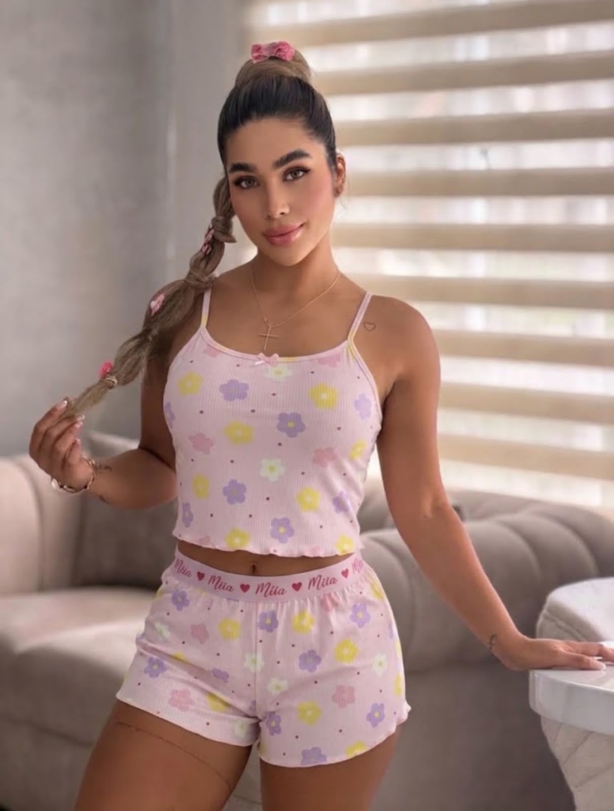 PIJAMA SHORT TOP RIB ROSADO FLORES 893