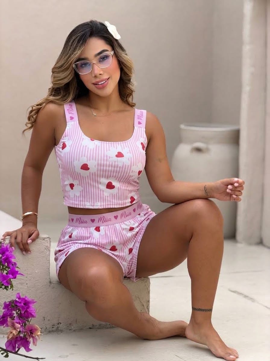 PIJAMA SHORT TOP LARGO RAYAS CORAZONES G884