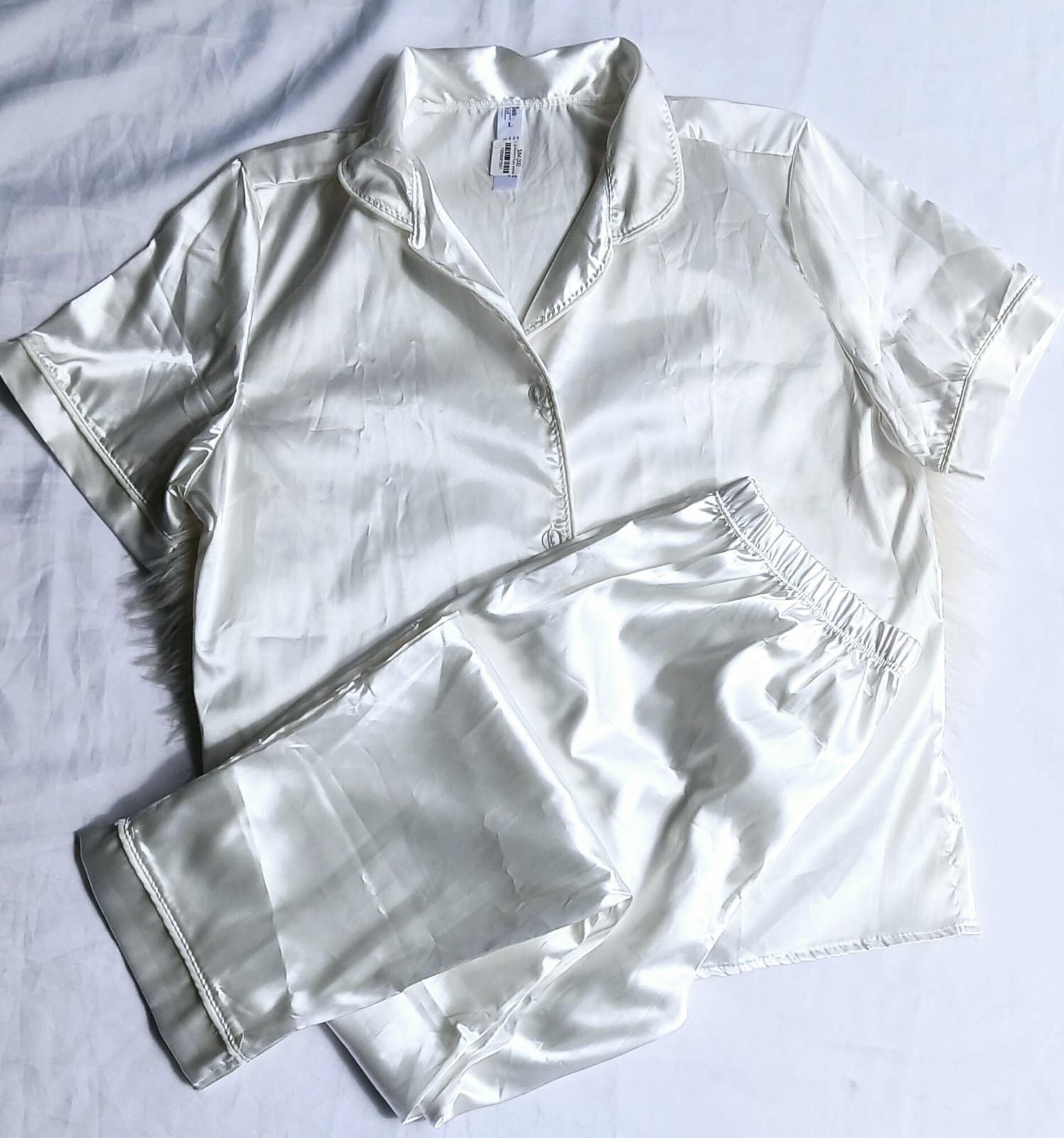 Pijama satin pantalon manga unicolor marfil