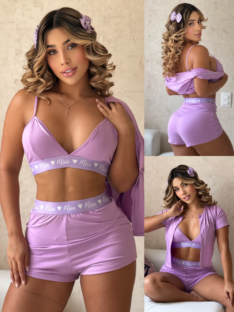 PIJAMA TRIO SHORT TOP Y CAMISETA LILA MIIA 872