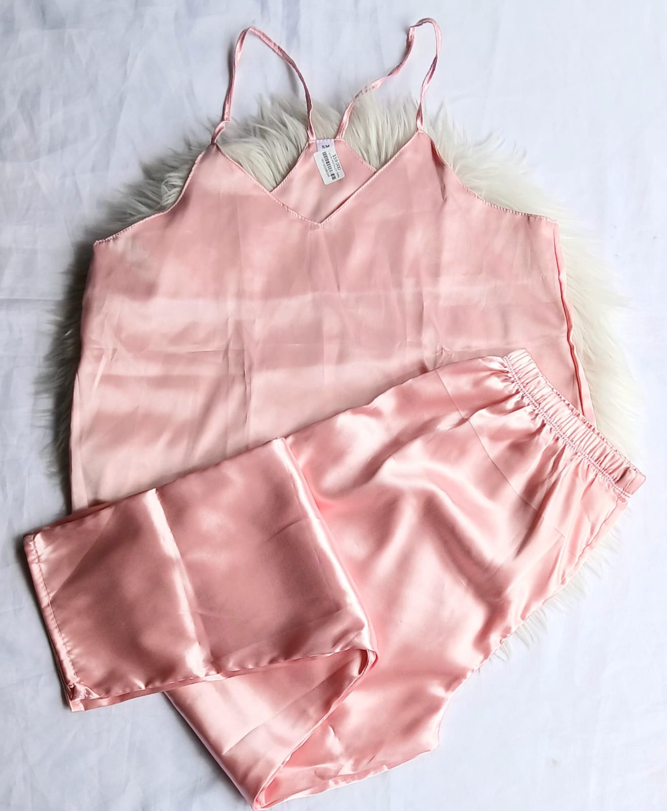 Pijama satin pantalon tiras unicolor palo de rosa