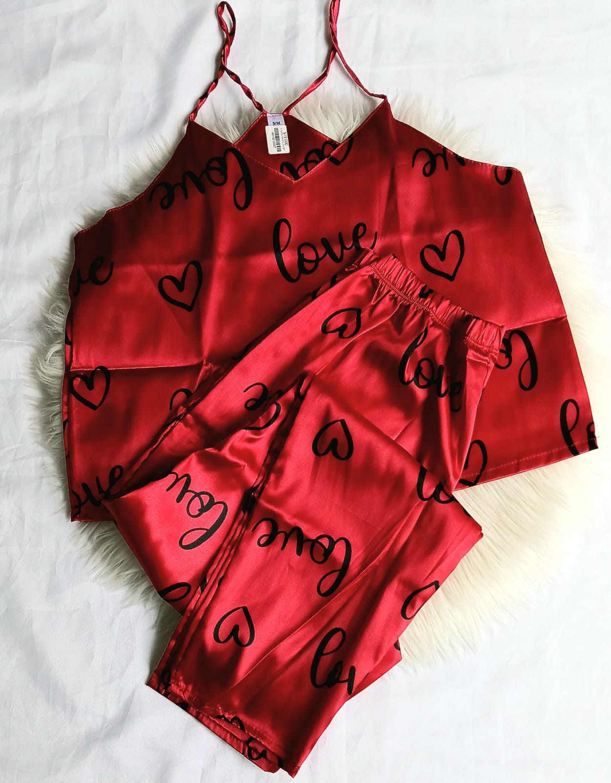 Pijama satin pantalon tiras estampado Love
