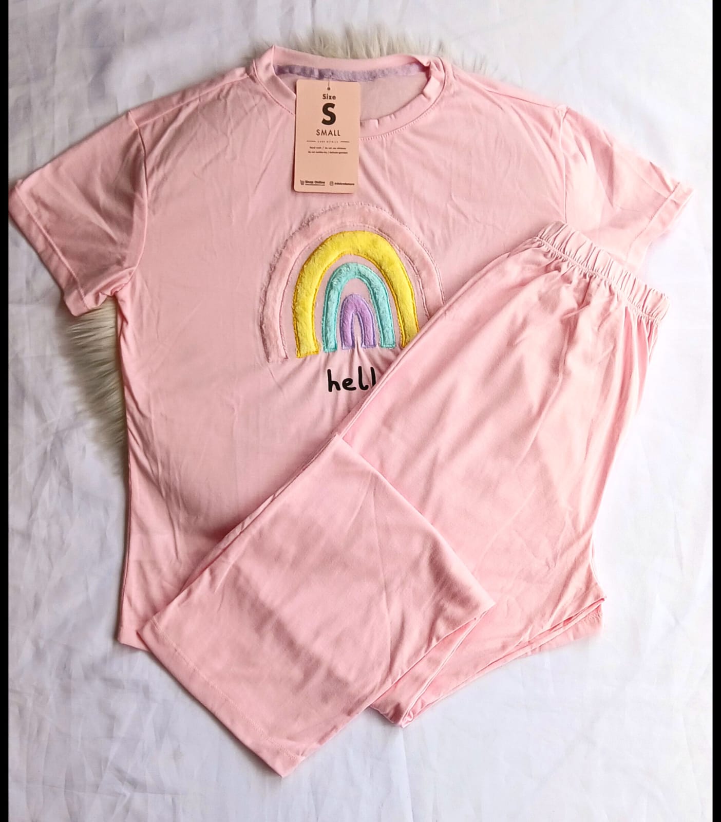 Pijama pantalon manga bordado arcoiris