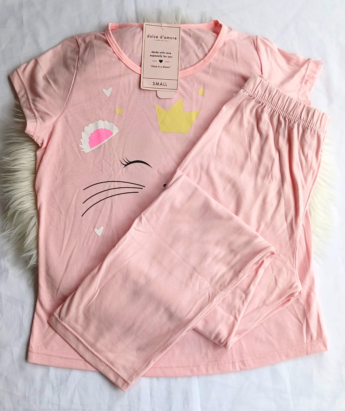 Pijama pantalon manga estampado gato