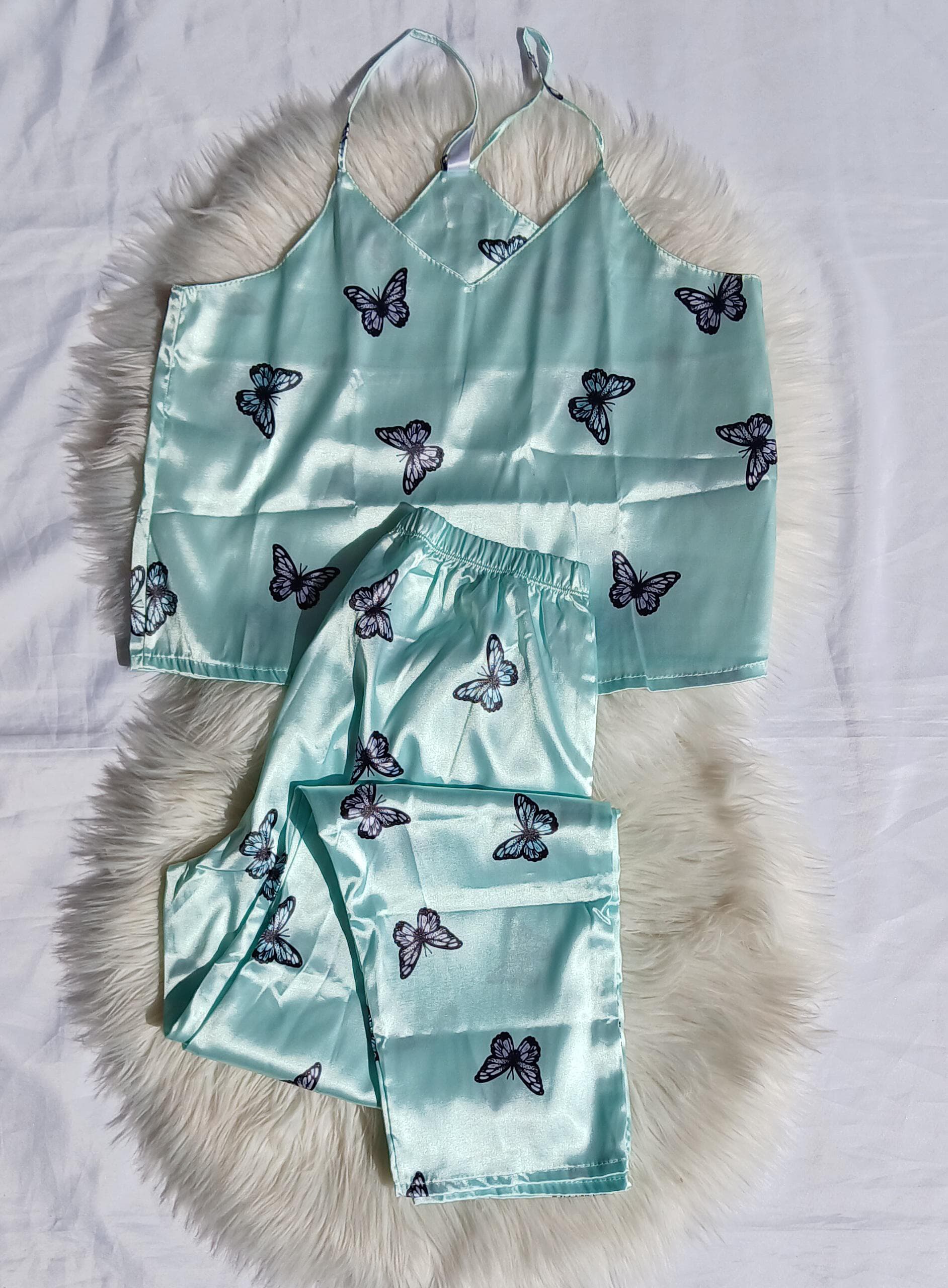 Pijama satin pantalon tiras estampado Mariposa