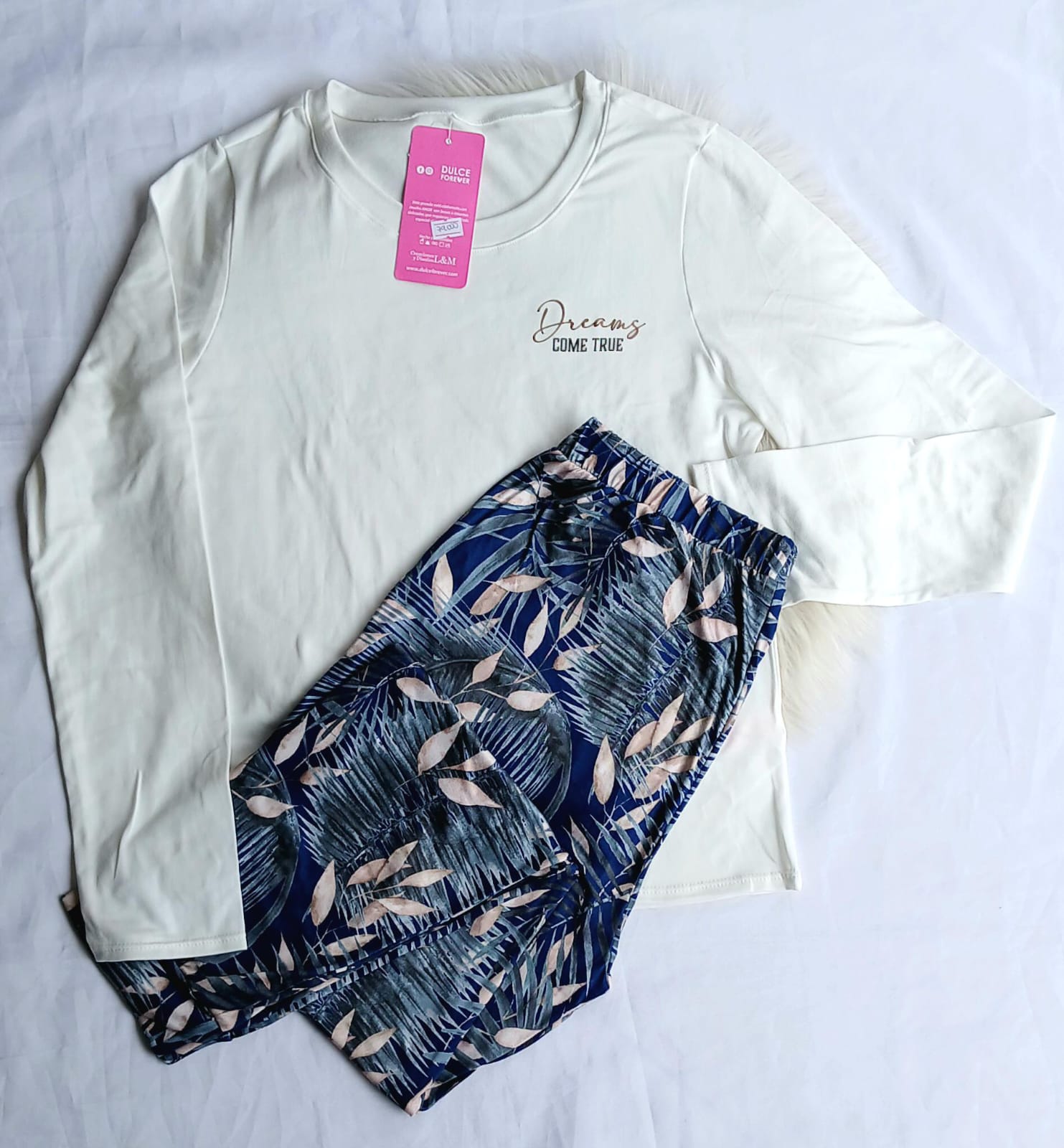 Pijama pantalon hojas manga larga letras azul