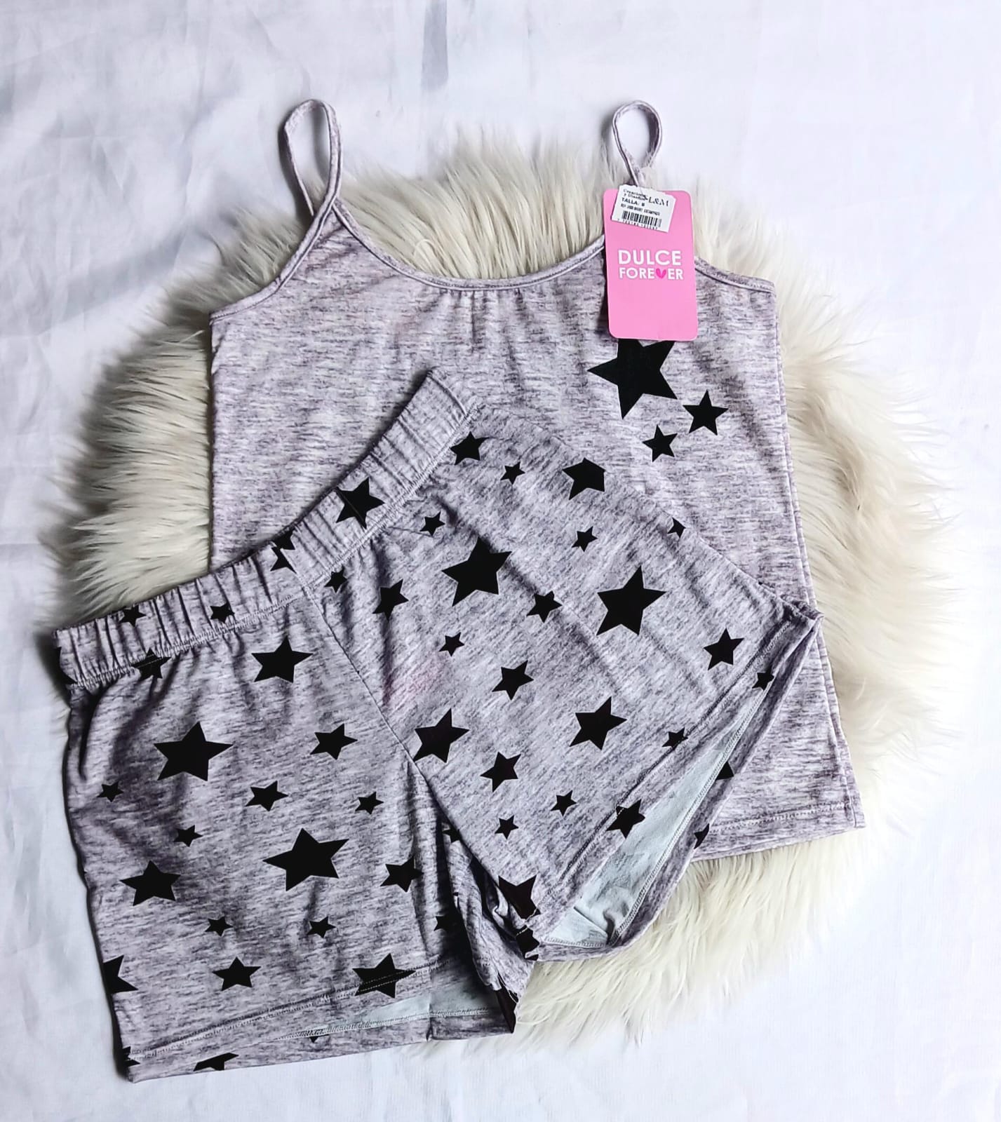 Pijama short estrellas negra blusa tiras gris