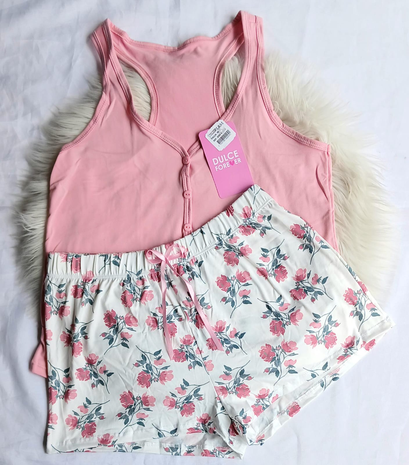 Pijama short  hojas blusa manga siza letras rosa