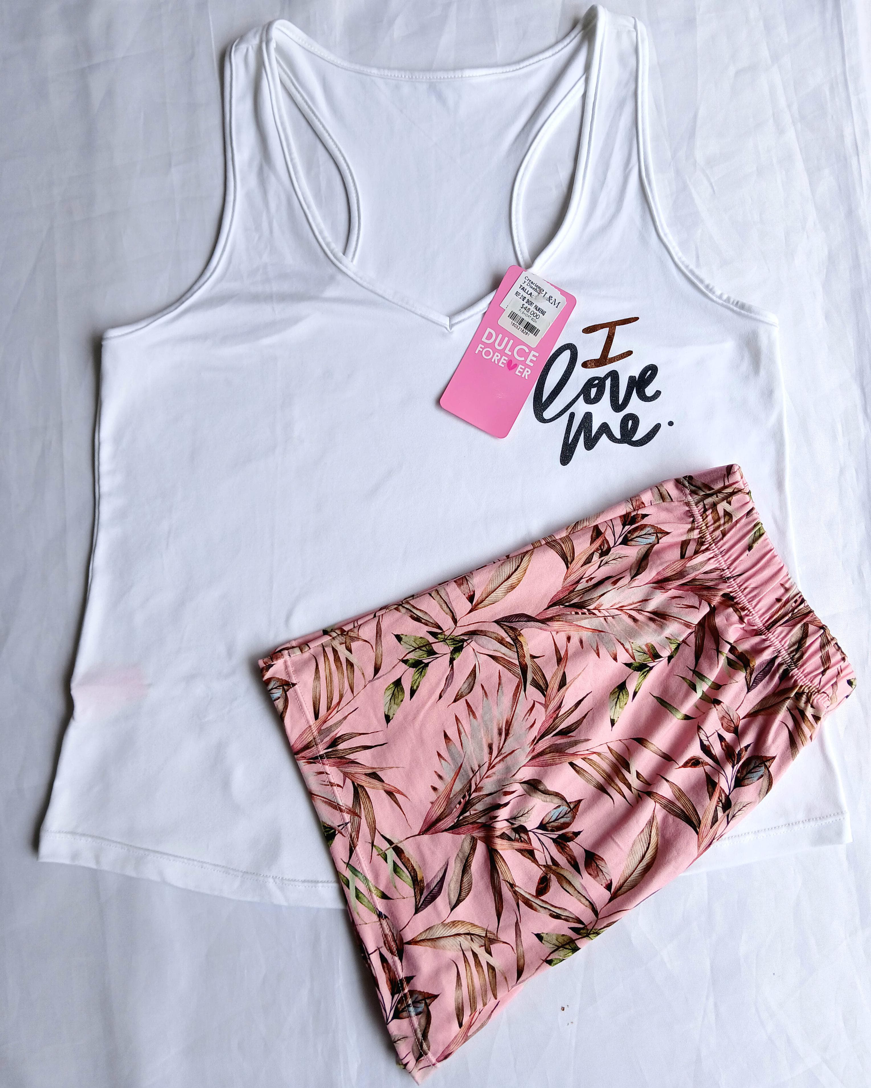 Pijama short  hojas blusa manga siza letras rosa L
