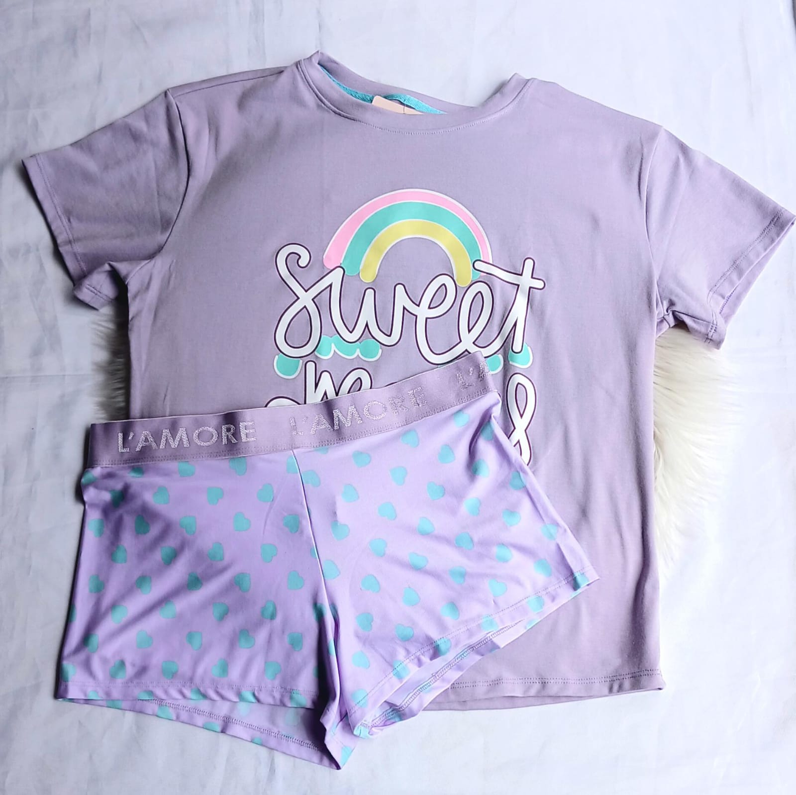 Pijama short lila corazones verde elastico blusa lila