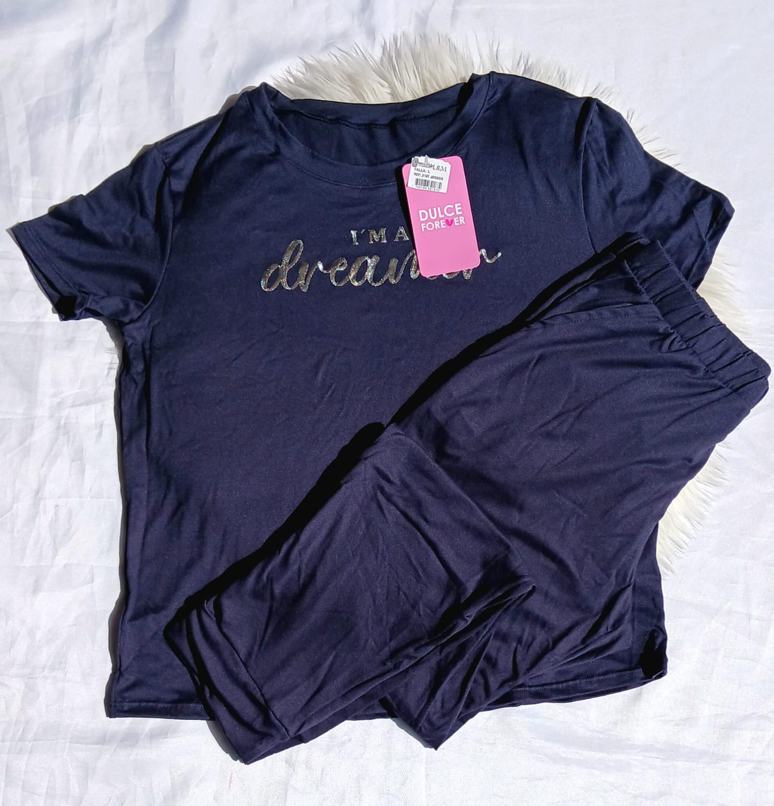 Pijama pantalon unicolor blusa manga letras azul