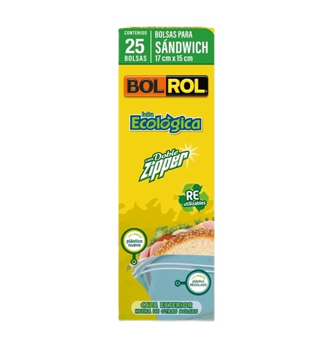 BOLSA ECOLÓGICA  BOL ROL DOBLE ZIPPER SANDWICH X 25 BOLSAS