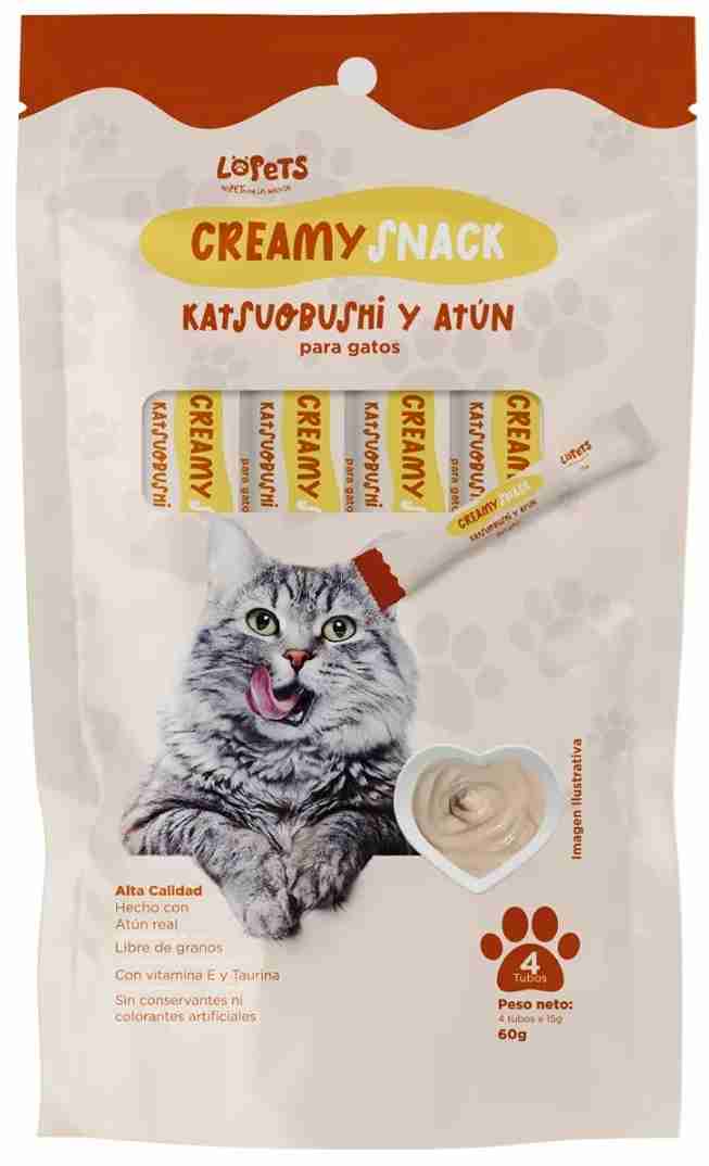 LOPETS CREAMY SNACKS PARA GATO SABOR KATSOUBUSHI Y ATÚN   4 TUBOS