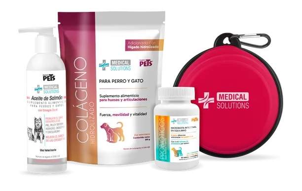 KIT SALUD INTEGRAL FANCY PETS: SUPLEMENTO ACEITE DE SALMÓN + SUPLEMENTO PARA HUESOS Y ARTICULACIONES + PROBIÓTICOS+PLATO PLEGABLE MEDIANO