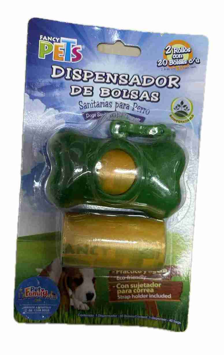 DISPENSADOR DE BOLSAS FORMA DE HUESITO GRANDE FANZY PETS COLOR VERDE 2 ROLLOS
