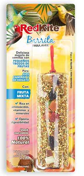 BARRA DE SEMILLAS PARA AVES, CANORAS Y DE ORNADO REDKITE (CON FRUTA) 110GR 1PZA