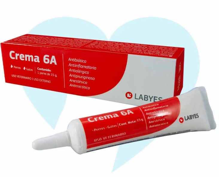 CREMA 6A (ANTIBIÓTICA, ANTINFLAMATORIA, ANTIALÉRGICA, ANTIPRURIGINOSA, ANESTÉSICA, ANTIMICÓTICA) 15GR PERROS Y GATOS